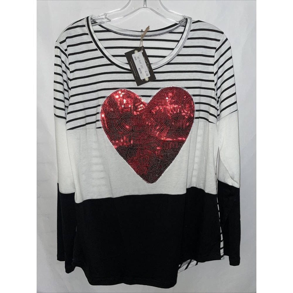 Women’s Top Black White Red Striped Heart NEW Large